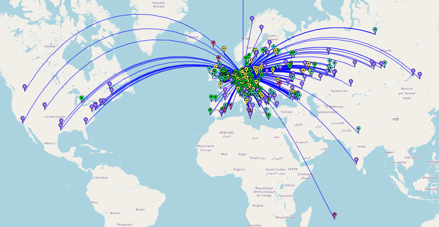Weltkarte mit allen Funkverbindungen von DL0AT/P: dichte Verbindungen über Europa sowie Bögen nach Nordamerika, Russland, Indien und bis zur Insel Rodrigues im Indischen Ozean.